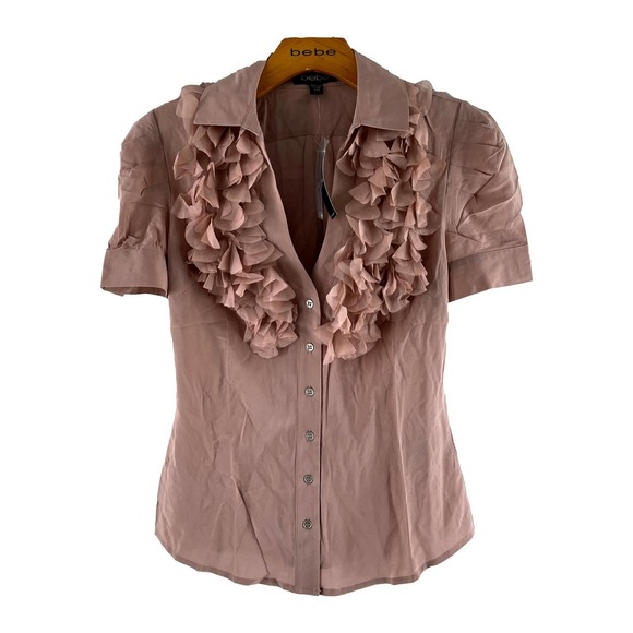 bebe Tops - Bebe Blush-Mauve Petal Silk Button Down Short Sleeve Blouse Size XXS  NWT